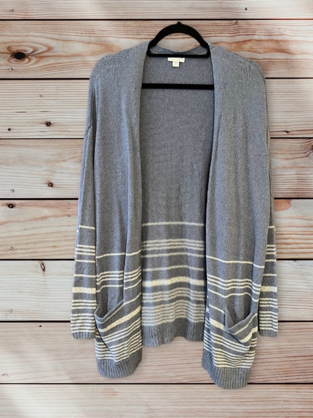 J. Jill Women's Striped Open Front Cardigan Sweater Blue Gray/White Size XL